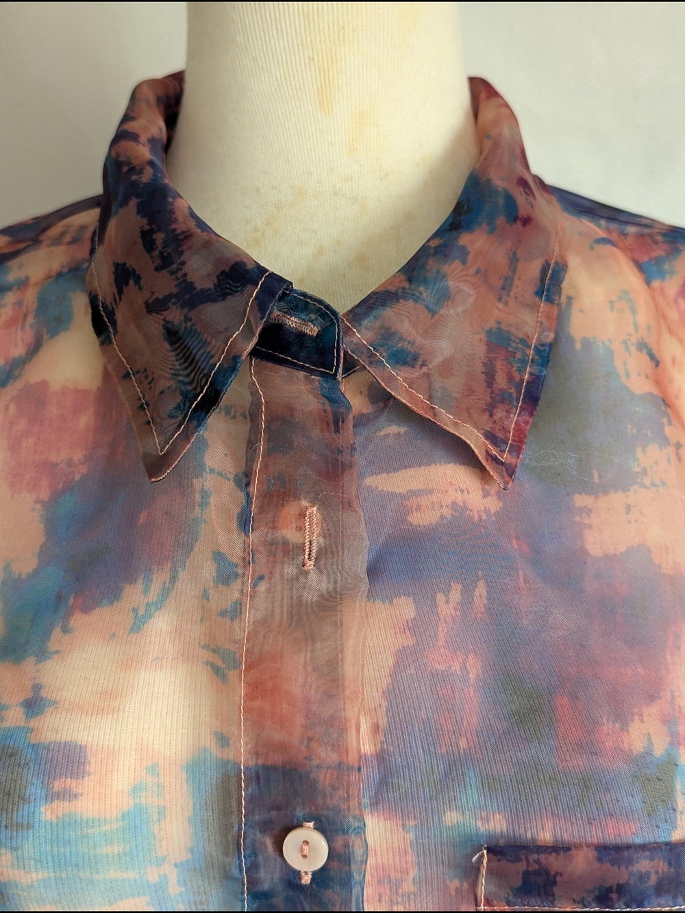Nina Parker Trendy Organza Sheer Abstract Blouse in Blue & Pink 1X - Picture 3 of 7